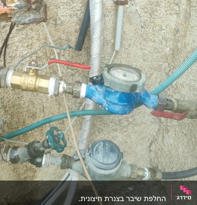 מד מים כחול עם צינורות וברזים על קיר